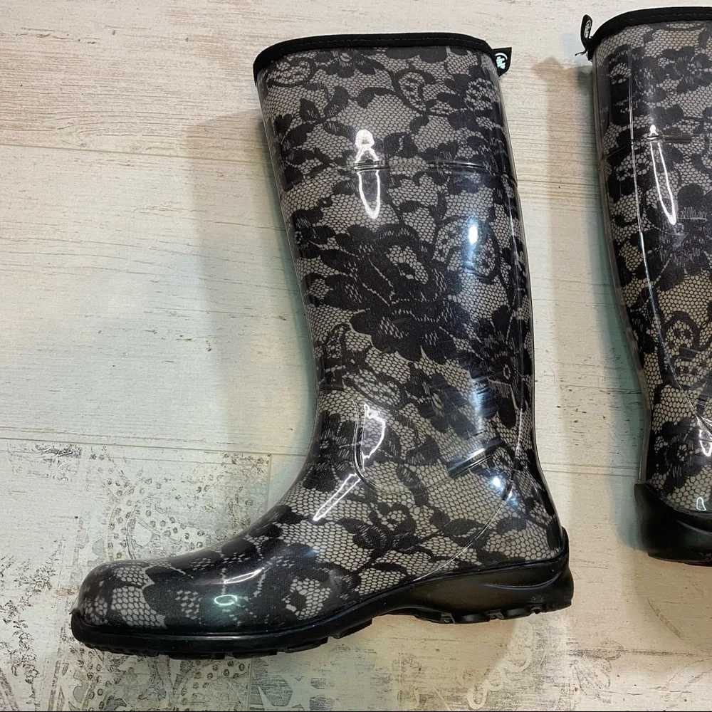 Kamik Black and White Lace Print Rain Boots